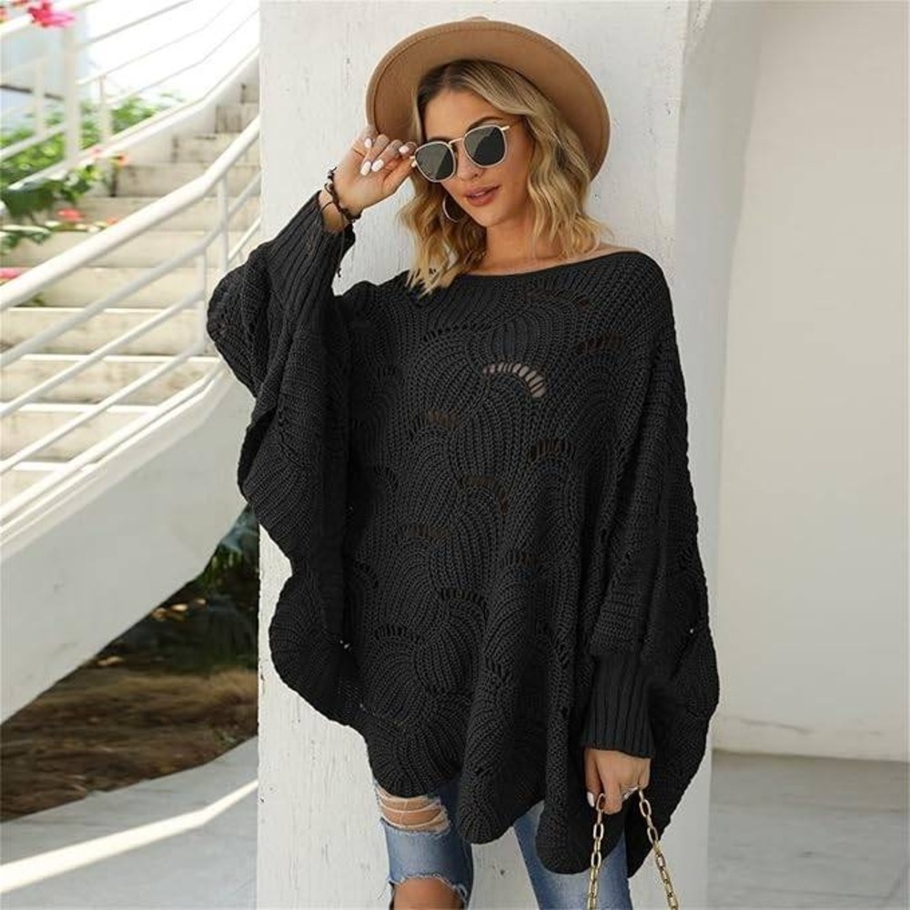 NOT FOR SALE  Black Knit Open Weave Sweater Poncho Batwing Sleeve Size S Casual